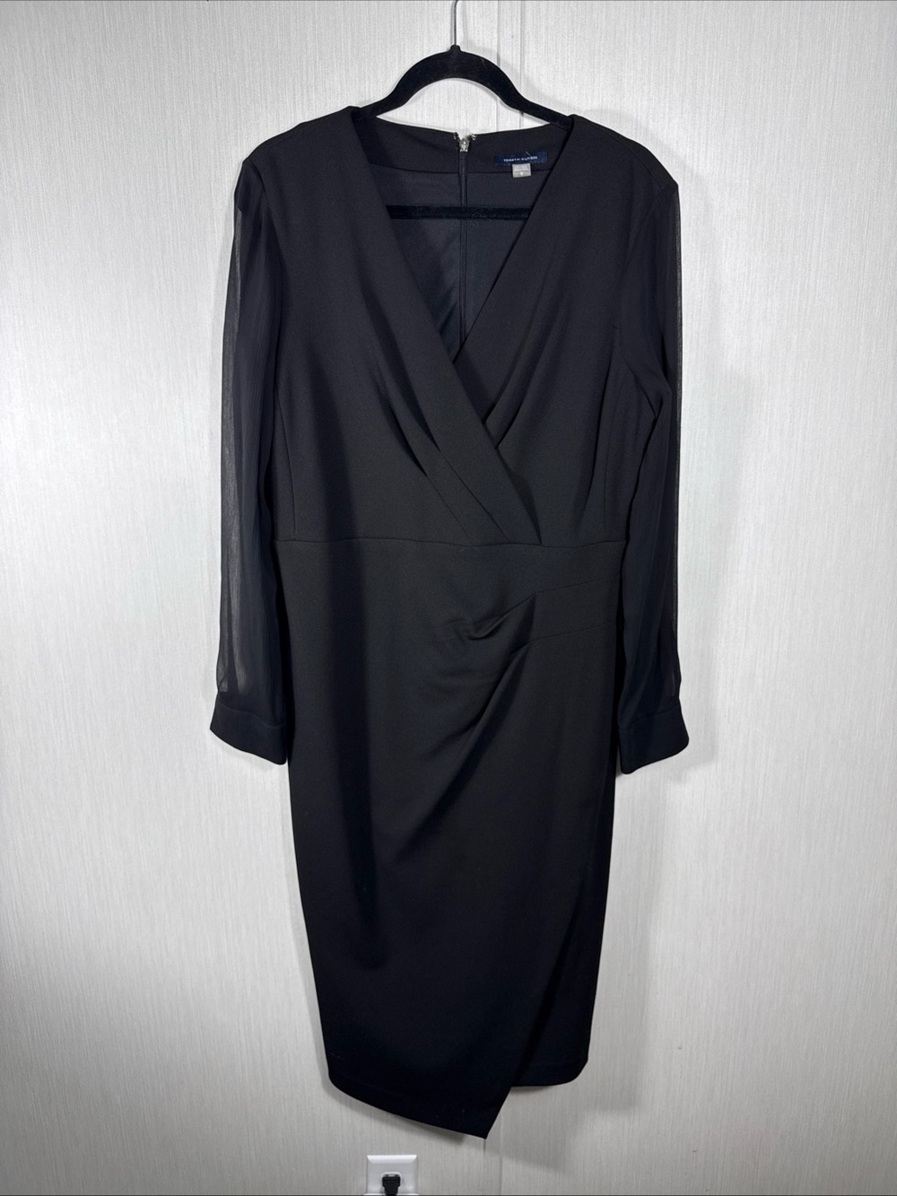 Tommy Hilfiger 12 Women's Black Faux Wrap Sheath Dress Sheer Sleeve Event Career